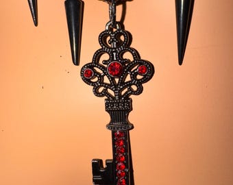 Black Gothic Key and Spikes necklace with Matching Earrings
