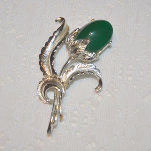 Vintage Silver Tone Floral Green Cabochon Flower Bud Brooch Pin