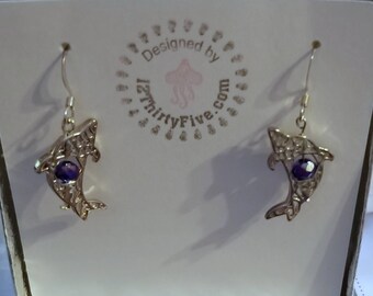 Dolphin and Blue Swarovski Crystals , Aurora Borealis Dolphin Earrings, Dangle Earrings, Blue Swarovski  Borealis Beach Sealife Jewelry