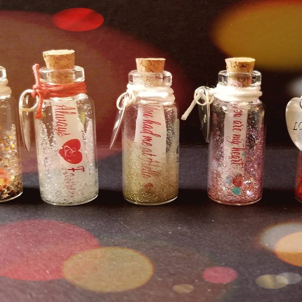 Love Message, Miniature Glitter Message in  Bottle Glittered Mini Message in Bottle with attached Love Charm, Bottled Love Message
