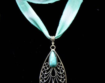 Teardrop  Pendant Turquoise  (Howlite) Pendant Necklace Ribbon Necklace