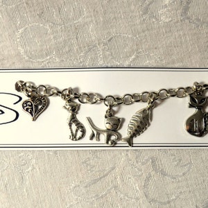 Cat Charm Bracelet Kitten Cat Jewelry Animal Jewelry Kitty Cat Charms Feline Charm Bracelet Cats Fish Bone Heart Charm Bracelet