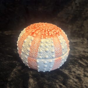May include: A decorative, round trinket box with a textured surface. The box is painted with alternating bands of white and coral pink. The lid fits snugly on the base, creating a seamless design. The box is a unique piece of home decor.