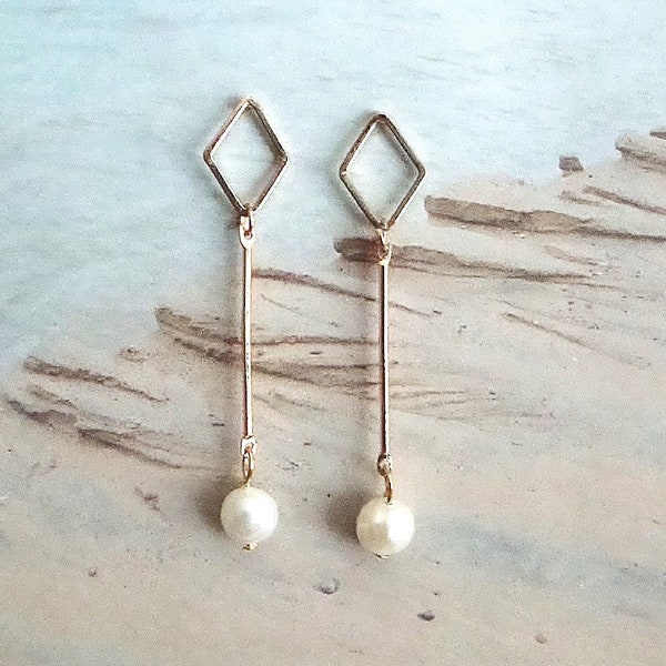 SALE Pearl & Golden Diamond Post Drop Earrings, summer earrings, pearl earrings, minimalist jewelry, bar earrings, gold earrings, posts