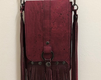 Burgundy Cork Bohemian Style Bag With Leather Fringe