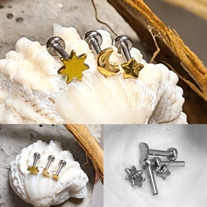 Gold Sun Moon Star Tragus Cartilage Earring Forward Helix Triple Stud Lip 16g 18g Internally Threaded Flatback Piercing Surgic Steel Jewelry
