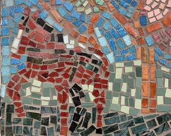 Spring Landscape with horse and blossom, glass and ceramic wall panel.