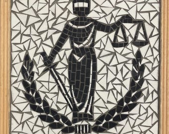 Blind Justice, ceramic mosaic wall panel.