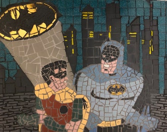 Batman and Robin glass, gold  and ceramic wall panel