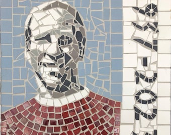 Ceramic and glass mosaic celebrating the legendary English footballer, Bobby Charlton
