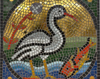 Glass and gold Byzantine style mosaic wall panel showing a bird and a fish