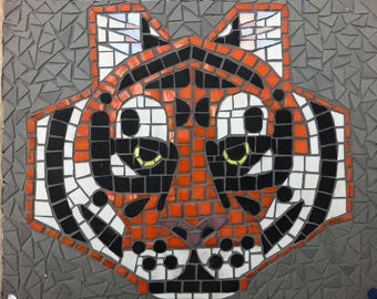Tiger mosaic wall panel made of ceramic and glass