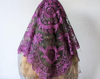 Floral Lace Mantilla Purple | Large Catholic Church Veil | Elegant Head Covering for Mass, Adoration & Special Religious Occasions