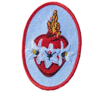 St. Joseph’s Most Chaste Heart Badge – Embroidered Flaming Heart with Lily Symbol, Iron-On or Sew-On Catholic Patch, 11cm x 7.5cm