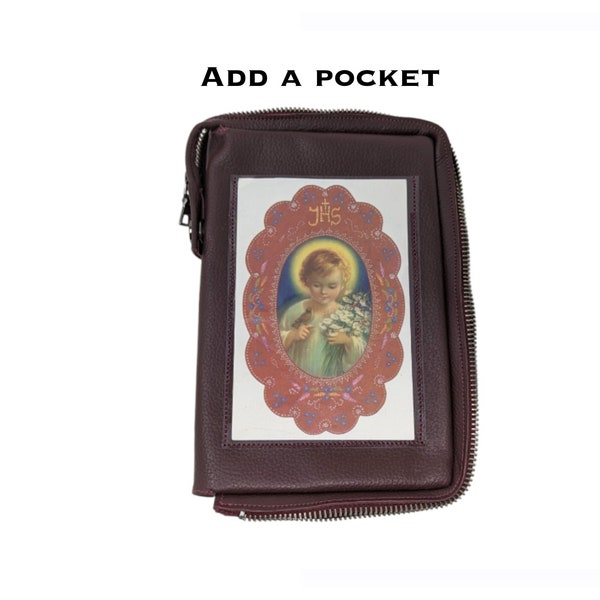 Add on item,Holy Card Pocket, leather missal cover, leatherette book case, custom card holder, journal wrap pocket, bible, spiritual reading