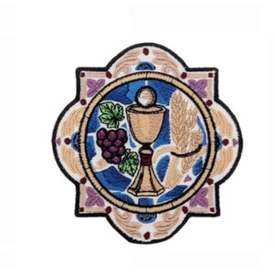 Holy Eucharist Patch – Chalice & Host Embroidered Appliqué | Iron On Badge for Vestments or Backpack | 3 Sizes Available