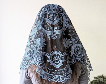 Floral Blue Lace Mantilla Veil | Large Spanish Style Catholic Veil | Elegant Church Head Covering for Mass, Prayer & Celebrations