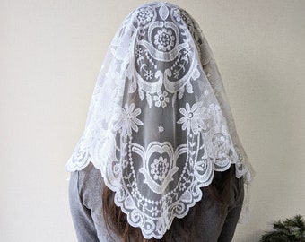 Mantilha de renda floral branca | Grande véu católico | Cobertura de cabeça elegante para missa, adoração e ocasiões religiosas especiais