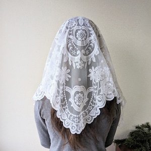Floral Lace, Mantilla, Head Covering, Veil, Head Scarf, Lace Mantilla, Church Accessory, Elegant, Blue, Church Accessory, Classic Style