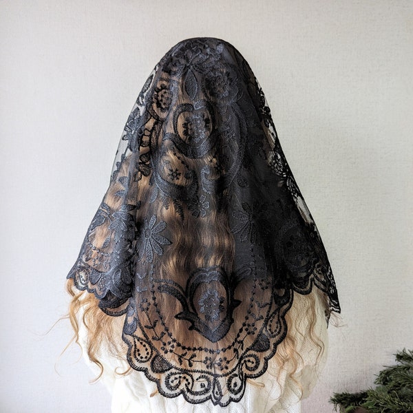 Floral Lace, Mantilla, Head Covering, Veil, Head Scarf, Lace Mantilla, Church Accessory, Elegant, Black, Church Accessory, Classic Style