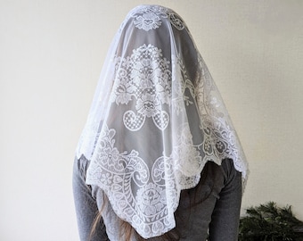 Elegant White Lace Mantilla Veil | Large Catholic Church Veil | Spanish Style Head Covering for Mass, Prayer, or Special Occasions