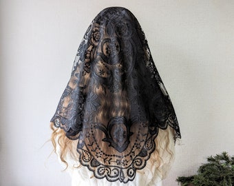Mantilla de encaje floral negra / Velo grande para iglesia católica / Elegante velo para misa, adoración y ocasiones religiosas especiales