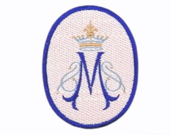 Marian symbol with crown patch,  religious patch, iron on badge, sew on patch, embroidered badge, embroidered patch, crown,  pilgrimage