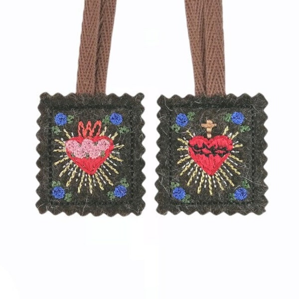 Escapulário de lã marrom premium | Feltro de lã bordado | 3 tamanhos | Medalhas opcionais | Devoção Carmelita | Uso diário mariano