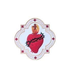 Embroidered Sacred Heart Badge | Vestment Orphrey Patch | Catholic Iron-On Appliqué | Symbol of Love & Mercy for Sewing or Crafts