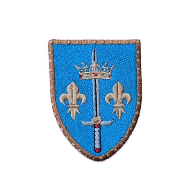 Joan of Arc Patch – Heraldic Shield Badge with Fleur-de-Lis & Sword, Iron-On or Sew-On Embroidered Catholic Patch, Pilgrimage Gift