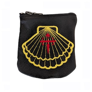 Bolsa grande para rosário, Caminho de Santiago, bolsa em pele verdadeira, Caminho de Santiago, Concha do Peregrino, Cruz de São Tiago, pele personalizada, O Rosário