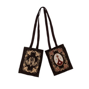 Premium Wool Scapular | Embroidered Brown Scapular | Our Lady of Mount Carmel | Large Ceremonial Size | Optional Medal & Crucifix