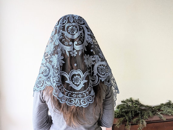 Floral Blue Lace Mantilla Veil | Large Spanish Style Catholic Veil | Elegant Church Head Covering for Mass, Prayer & Celebrations
