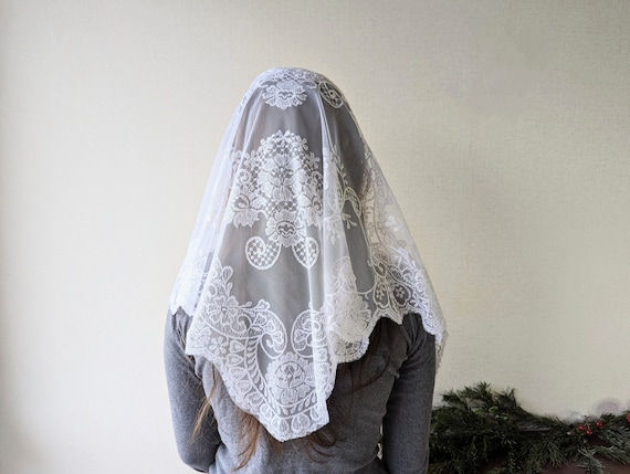 ladysolomia White Church Veil, Bridal Scarf, Lace Catholic Veil Infinity Mantilla, Lace Scarf Catholic Chapel Veil Religious Head Covering Orthodox Veil