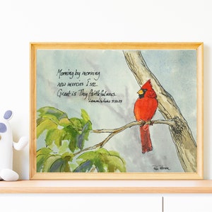 Download digital, versículo bíblico inspirador, Cardinal Bird 3, Lamentações 3:22-23, aquarela, linha e lavagem, escrito à mão, Rick Petersen