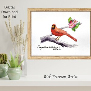 Download digital, versículo bíblico inspirador, Cardeal 5, Salmo 96:1, aquarela, linha e lavagem, letra à mão, artista Rick Petersen