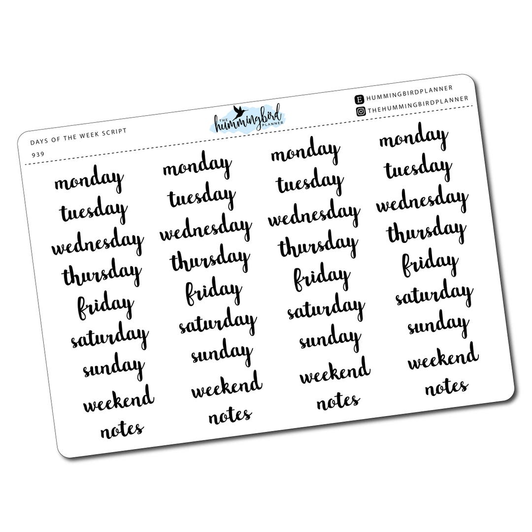 Days of the Week Script 939 Planner Stickers for MAMBI and Erin Condren ...