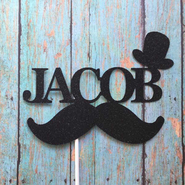 Custom Name,Little Man Cake Topper,Top Hat,Little Man Cake Topper, Black Glitter, Custom Mustache Cake Topper,1-Ct.