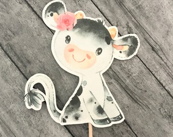Black and White girl cow cupcake toppers, Dairy cow, Cow baby shower cupcake toppers, Baby shower cow decorations, Pink rose cow, 12 Count