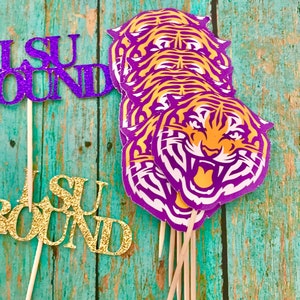 LSU tiger cupcake toppers, lsu cupcake toppers, graduation cupcake toppers, college lsu cupcake toppers, lsu party supplies, lsu bound tops