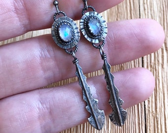 Rainbow Moonstone Dandelion Leaf Earrings