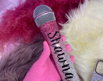 Silver & deep PINK bling wireless microphone with name, Genuine Swarovski crystal bling microphone included, Rhinestones mic with name