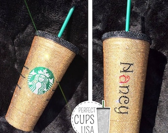 Gold Crystals Starbucks cold drink cup with straw, Gold and Black Swarovski tumbler, Starbucks tumbler with name, Custom name tumblers