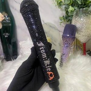 Black bling wireless microphone with name, Genuine Swarovski crystal bling microphone included, Rhinestones mic with name