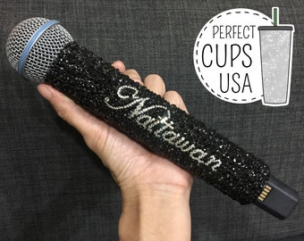 Glam Black Custom name microphone, Black Swarovski crystal bling wireless mic, Wireless Personalized singing microphone included