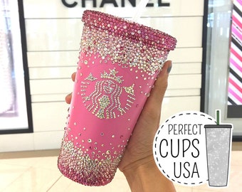 Pink Starbucks cold drink tumbler with What Swarovski stones, Rhinestone Swarovski plated cup, Swarovski Starbucks mug, Pink Tumbler gift