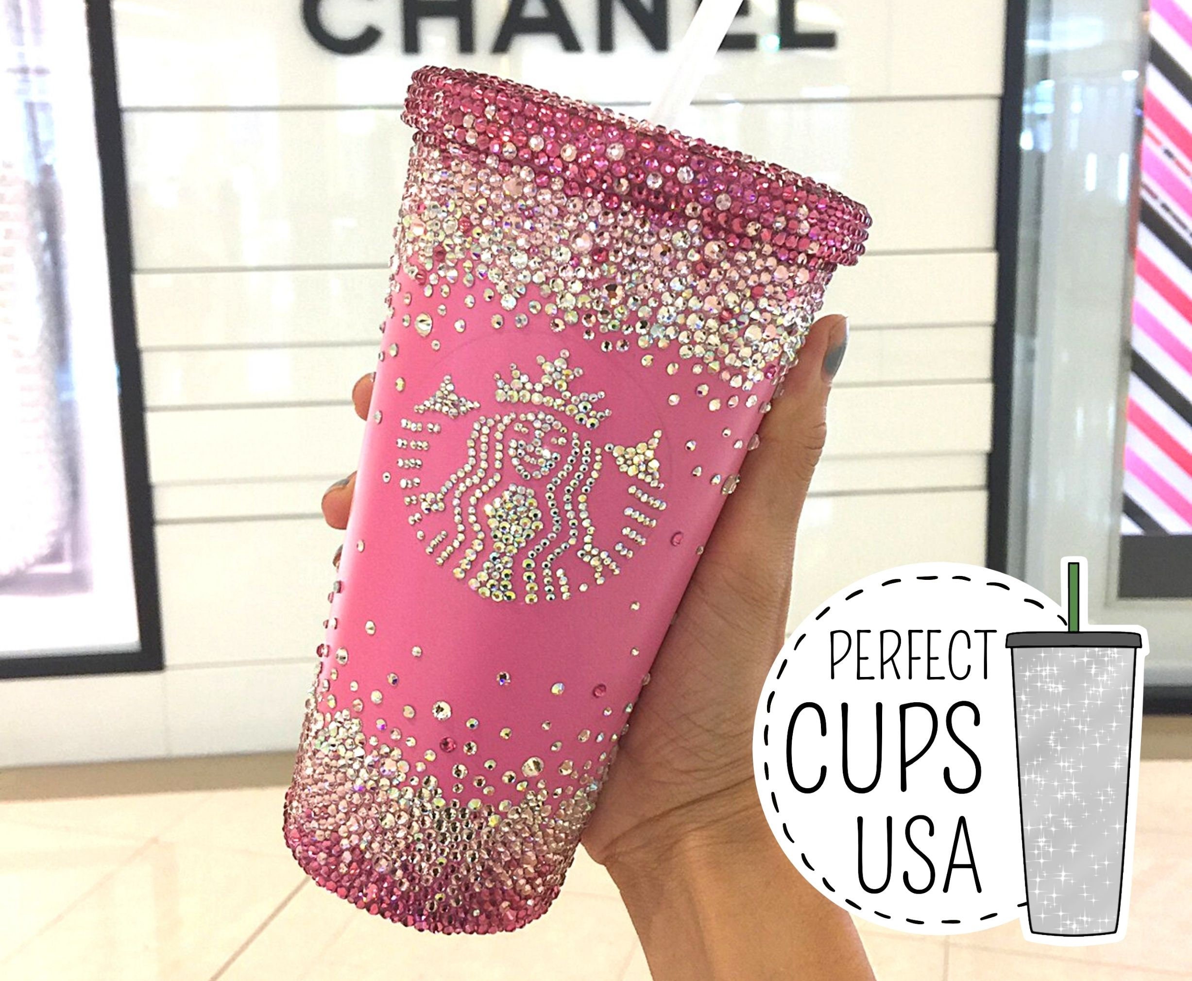 Stainless Starbucks Coffee Cup Tumbler w/ Swarovski Rose Gold