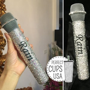 Silver Custom microphone Swarovski crystal bling wireless mic, Wireless microphone with name, Personalized singing microphone included