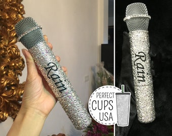 Silver Custom microphone Swarovski crystal bling wireless mic, Wireless microphone with name, Personalized singing microphone included