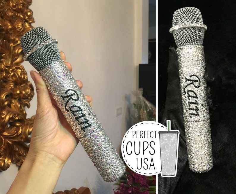 Silver Custom microphone Swarovski crystal bling wireless mic, Wireless microphone with name, Personalized singing microphone included image 1